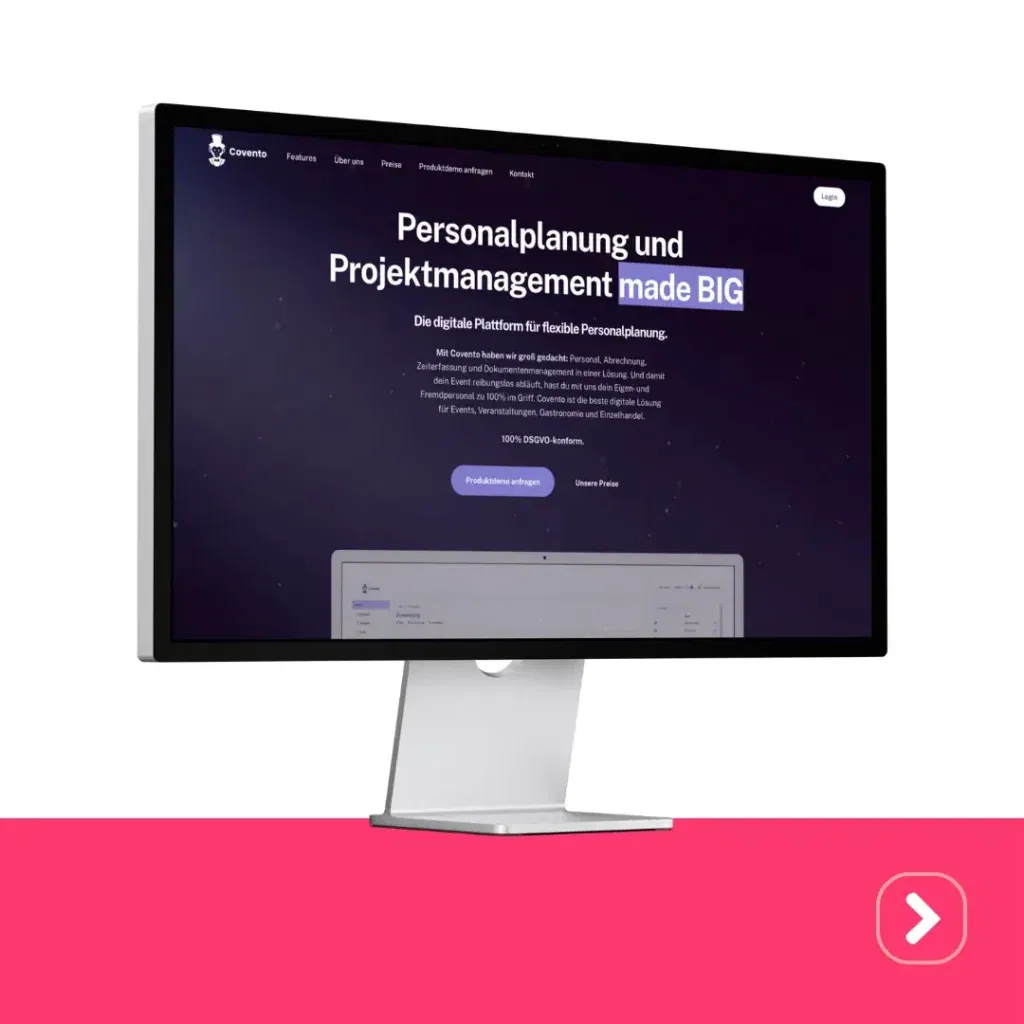 Auf einem Computermonitor wird Covento gezeigt, eine deutsche Website mit den Schwerpunkten Personalplanung und Projektmanagement. Der Text wird deutlich vor einem violetten Hintergrund angezeigt.