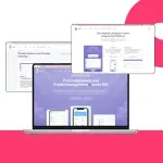 Auf einem Laptop wird die Covento-Website angezeigt, eine Projektmanagementplattform mit Schwerpunkt auf erneuerbaren Energien. Darüber schweben zwei Screenshots einer Webseite, alle vor einem weißen und rosa Hintergrund.