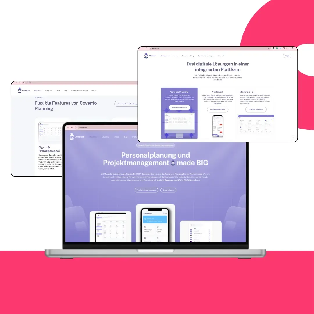 Auf einem Laptop wird die Covento-Website angezeigt, eine Projektmanagementplattform mit Schwerpunkt auf erneuerbaren Energien. Darüber schweben zwei Screenshots einer Webseite, alle vor einem weißen und rosa Hintergrund.