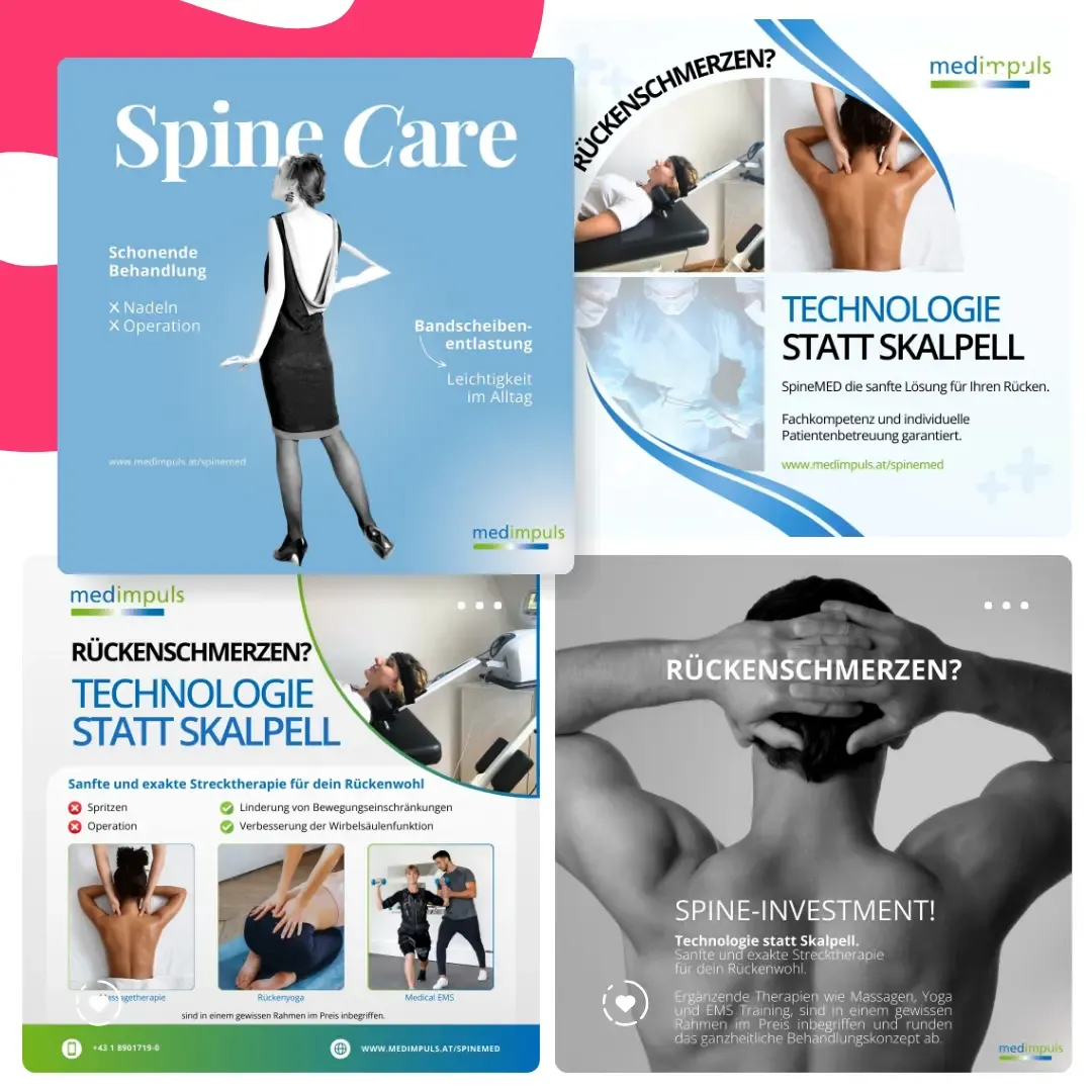 Eine Collage aus Werbebildern präsentiert die SpineMED-Technologie als innovative Alternative zur Operation. Entdecken Sie effektive Linderung und Behandlung von Rückenschmerzen mit einem Hauch von Performance-Marketing.