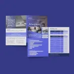 Drei Informationsbroschüren in Blau und Lila werden auf einem schlichten blauen Hintergrund angezeigt. Der Entwurf enthält Servicedetails, Kontaktinformationen und ein automatisch gespeichertes Serviceauftragsformular.