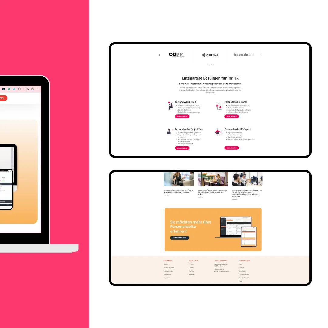 Geteilter Bildschirm, der das Design von Website 2 auf einem Laptop präsentiert. Die linke Seite ist mit einem rosa Hintergrund versehen, während die rechte Seite, inspiriert von Personalwolke, strukturierte Website-Abschnitte mit Text und Bildern zeigt.