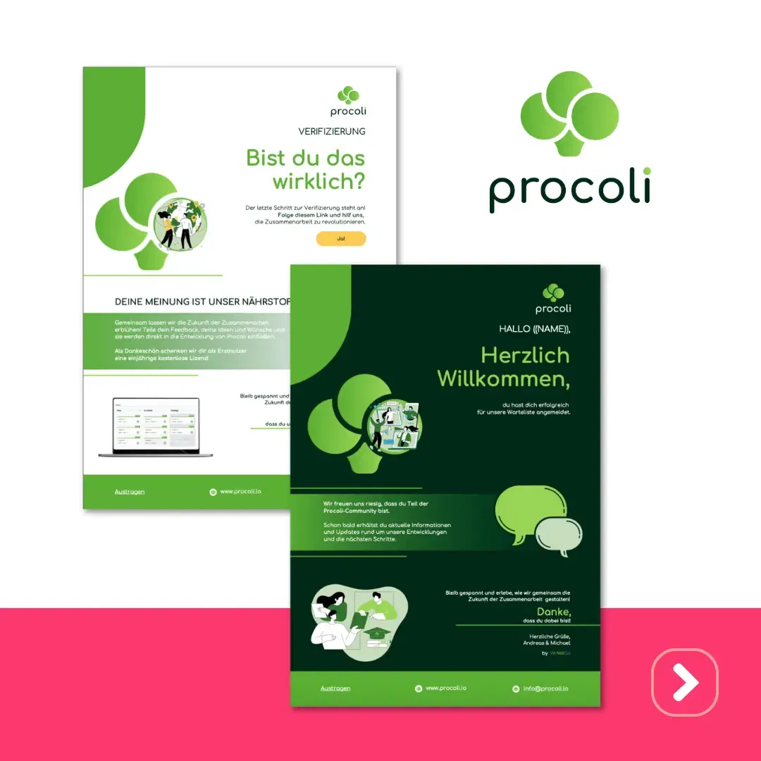 Zwei procoli Marketing-Flyer in grün-weißem Design präsentieren deutschen Text und lebendige Illustrationen von Menschen mit Sprechblasen. Jeder Flyer, ein eigenständiger Entwurf, verleiht Ihrer Botschaft automatisch das gewisse Etwas – automatisch gespeichert für nahtlose Präzision.