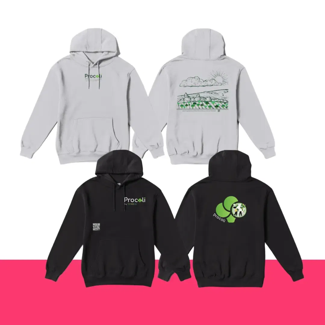 Zwei Hoodies auf Vorder- und Rückseite. Dieses exklusive Merchandise besteht aus einem grauen Hoodie mit einem Landschaftsdesign in Procoli-Farben, einem schwarzen Hoodie mit einem kreisförmigen Logo. Beide Hoodies zeigen auf der Vorderseite ein kleines Textlogo, das eleganten Stil und dezentes Branding vereint.