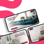 Auf drei Smartphones werden deutschsprachige Anzeigen für schwer entflammbare Polsterstoffe angezeigt. Die Werbung zeigt moderne Wohndesigns mit Sofas und Sesseln. Rosafarbene Grafikelemente akzentuieren den Hintergrund und heben den automatisch gespeicherten Entwurf hervor.
