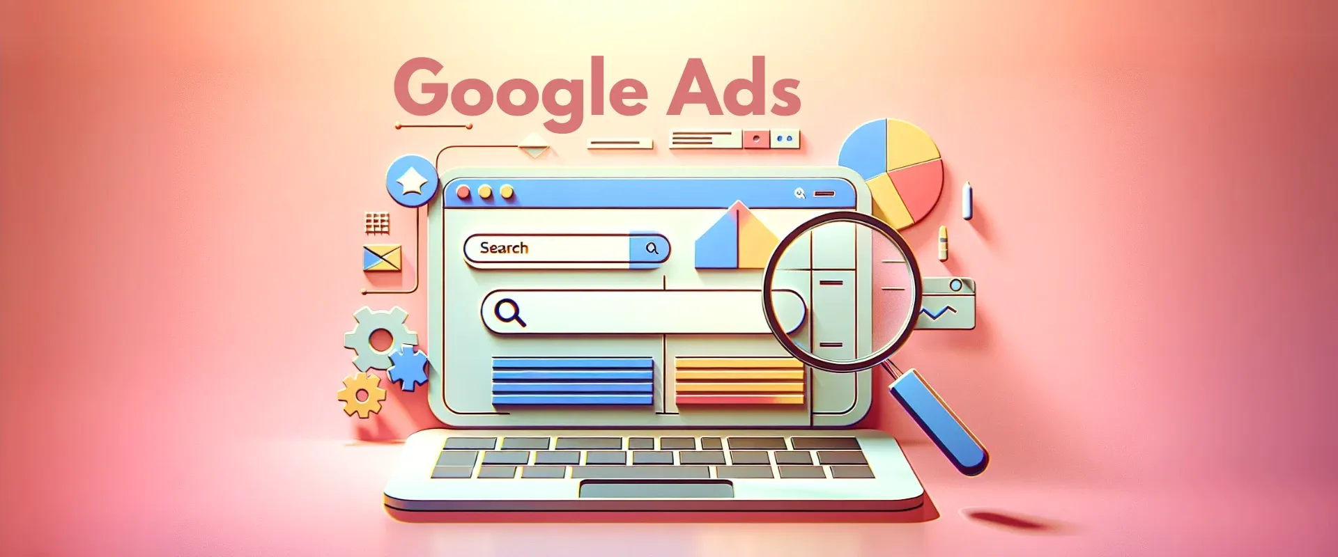 Abbildung eines Laptops mit einer Google Ads-Oberfläche mit Suchleisten, Diagrammen und einer Lupe, die die Arbeit einer Marketingagentur in den Bereichen Online-Werbung und Datenanalyse symbolisiert.