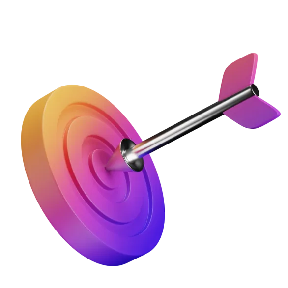 Ein metallischer Pfeil ist in der Mitte eines farbenfrohen, kreisförmigen Ziels mit Farbverlauf in Rosa-, Orange- und Lilatönen eingebettet.