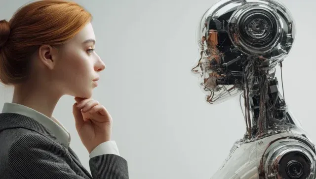 Eine Frau in Geschäftskleidung steht einem metallischen humanoiden Roboter gegenüber und studiert ihn. Beide sind im Profil vor einem neutralen Hintergrund zu sehen und symbolisieren die Zusammenarbeit zwischen Menschen und innovativer SEO-KI in der heutigen digitalen Landschaft.