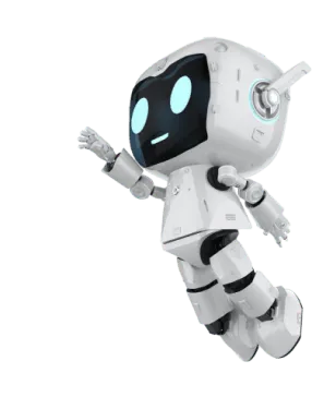 Ein weißer humanoider Roboter mit blau leuchtenden Augen und Gelenken schwebt oder springt mit einem erhobenen Arm.