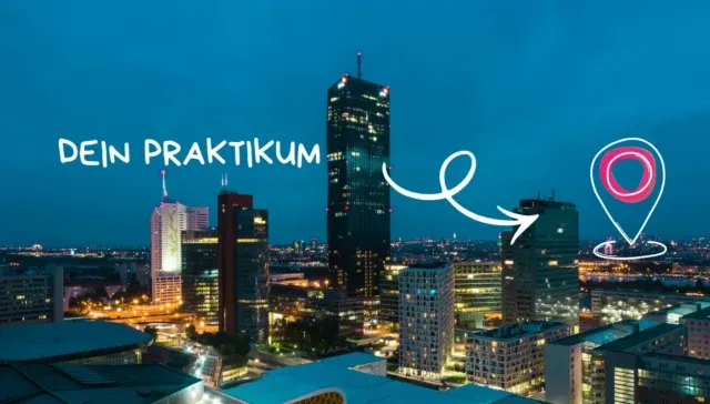 Nächtliche Stadtlandschaft mit beleuchteten Wolkenkratzern; weißer Text mit der Aufschrift 