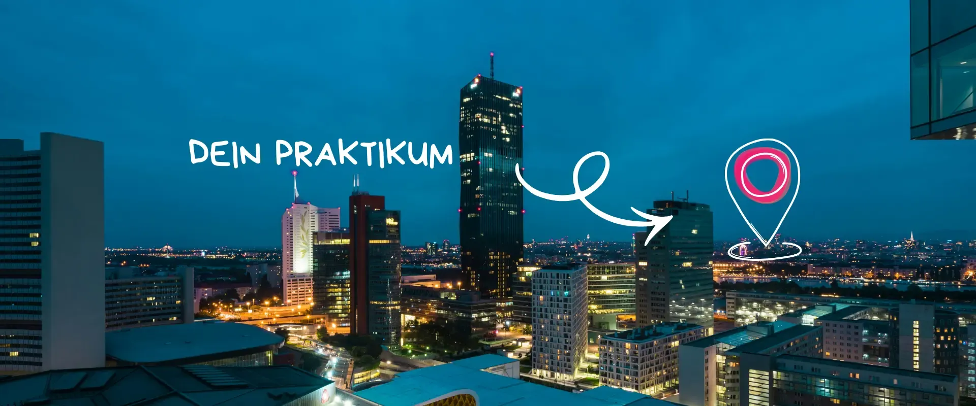 Nächtliche Stadtlandschaft mit beleuchteten Wolkenkratzern; weißer Text mit der Aufschrift 