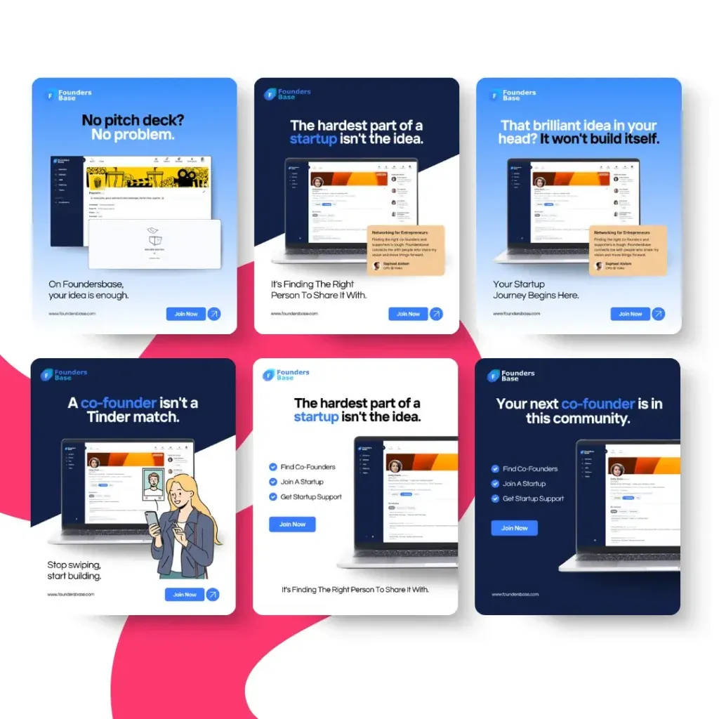 Sechs Werbekarten für die FoundersBeta-Plattform, die jeweils einen Laptop-Bildschirm mit geschäftlichen Slogans über die Suche nach Startup-Mitgründern und Community-Unterstützung zeigen - perfekt für einen automatisch gespeicherten Entwurf in Ihrem nächsten Pitch Deck.