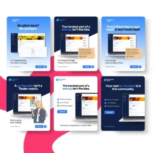 Sechs Werbekarten für die FoundersBeta-Plattform, die jeweils einen Laptop-Bildschirm mit geschäftlichen Slogans über die Suche nach Startup-Mitgründern und Community-Unterstützung zeigen - perfekt für einen automatisch gespeicherten Entwurf in Ihrem nächsten Pitch Deck.