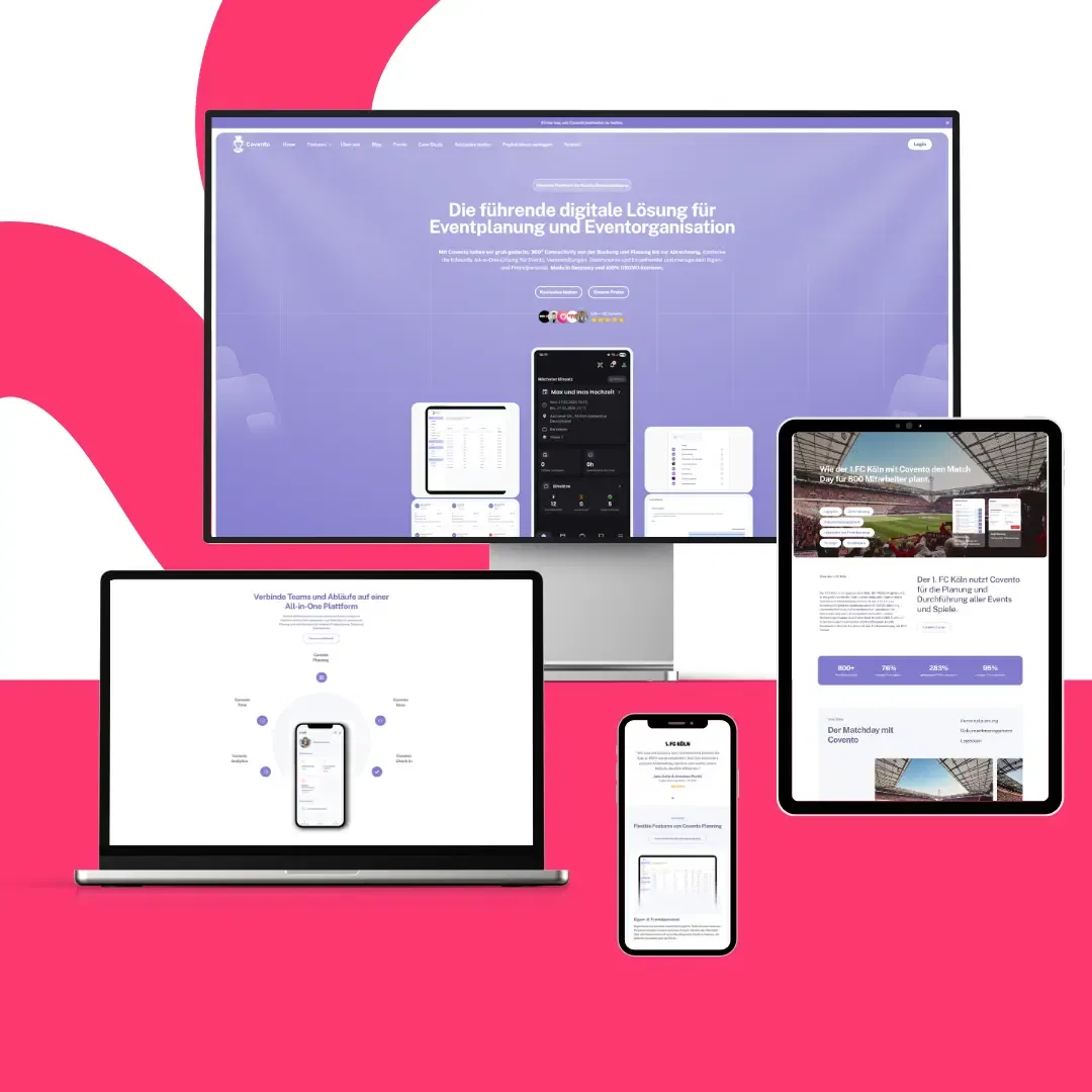 Ein Desktop-Monitor, ein Laptop, ein Tablet und ein Smartphone zeigen verschiedene responsive Layouts einer Website für die Veranstaltungsplanung mit Fallstudien auf einem rosa und weißen Hintergrund.