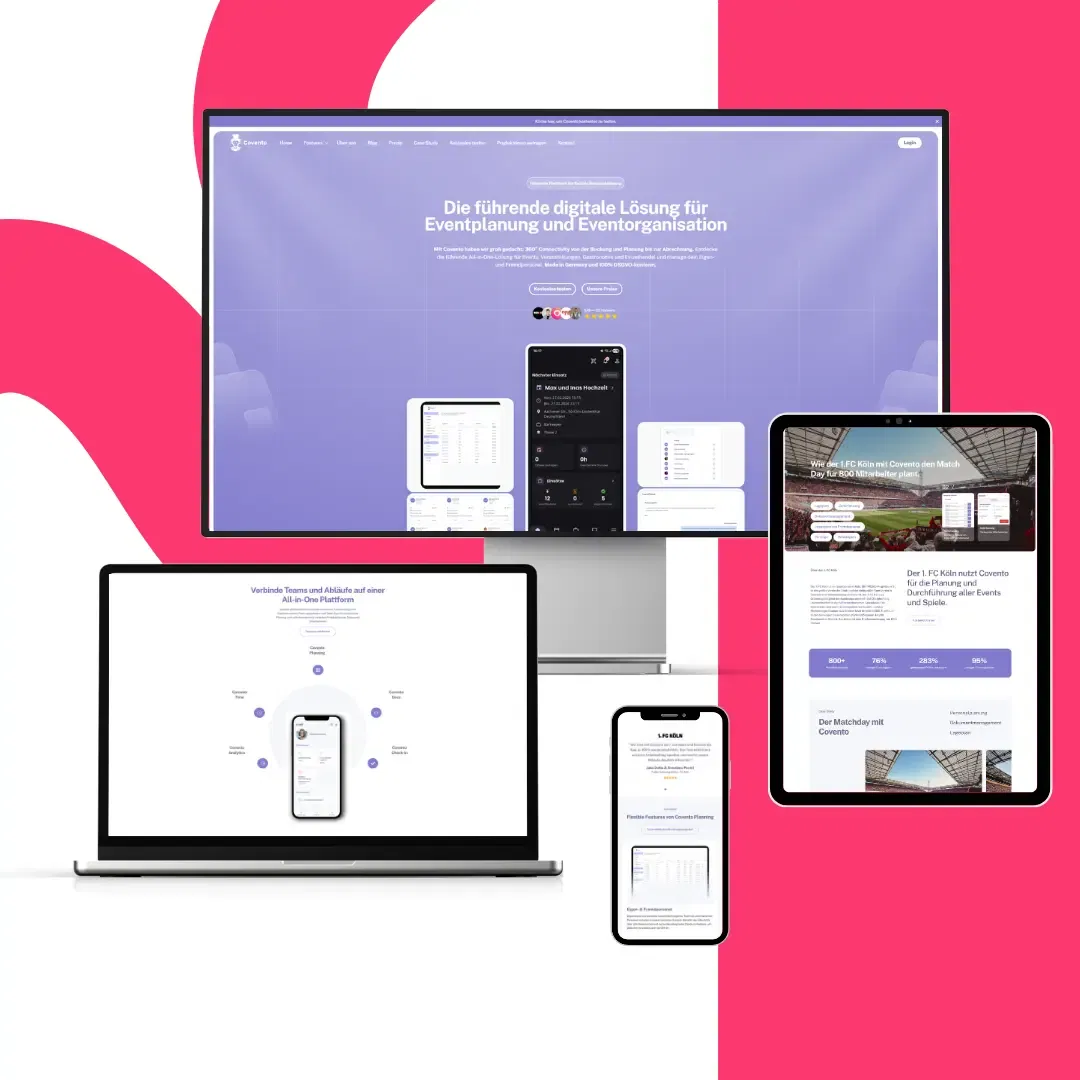 Mehrere digitale Geräte zeigen die Covento-Website für die Veranstaltungsplanung auf einem Desktop-Monitor, einem Laptop, einem Tablet und einem Smartphone vor einem rosafarbenen und weißen Hintergrund an und veranschaulichen so eine nahtlose Fallstudie zur plattformübergreifenden Organisation.