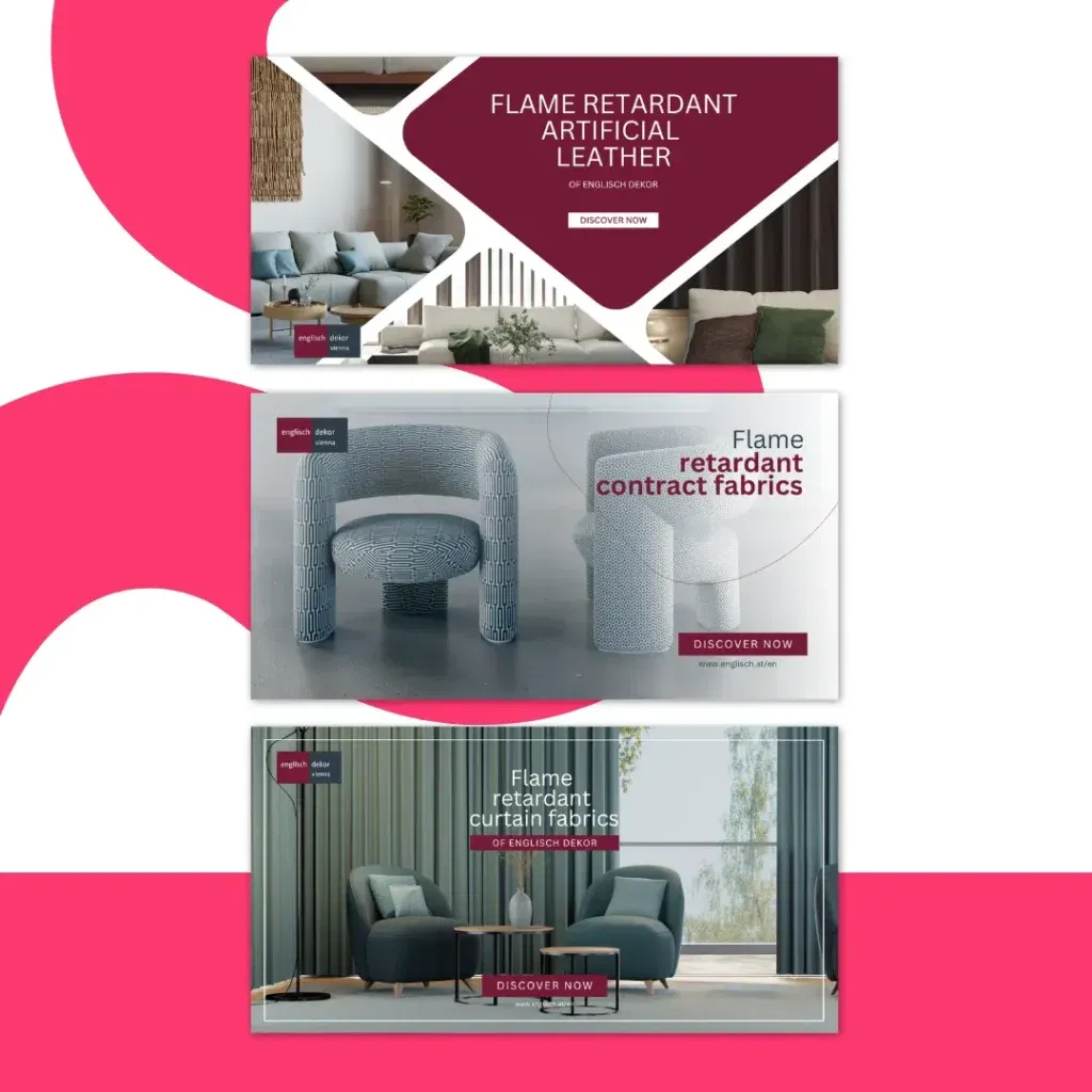 Drei Werbebanner zeigen flammhemmendes Kunstleder, Objektstoffe und Vorhangstoffe für die Inneneinrichtung, jeweils mit modernen Möbeln in stilvollen Raumsituationen - die perfekte Dekor-Inspiration für jede englische Fallstudie.