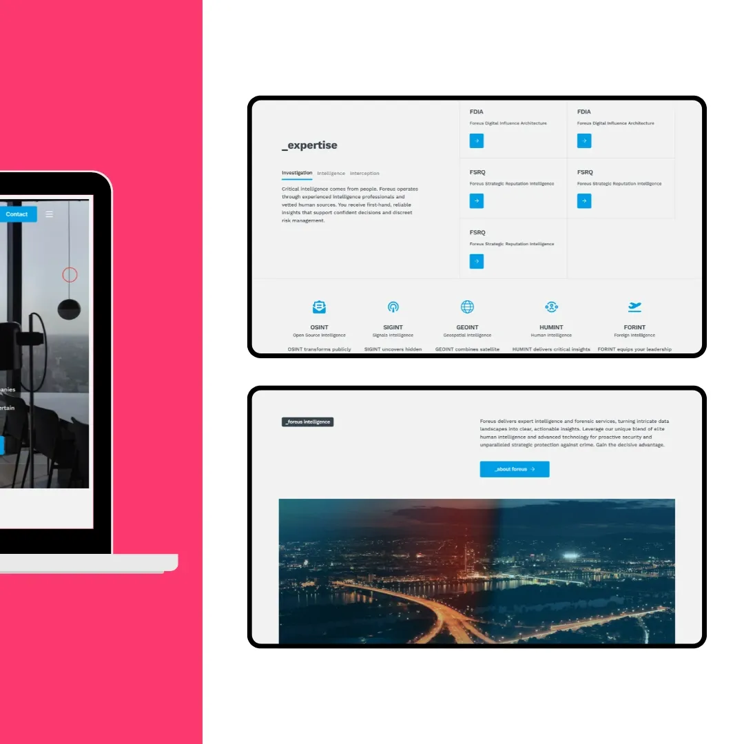 Ein Laptop-Bildschirm auf der linken Seite und zwei Modelle der Benutzeroberfläche der Foreus-Fallstudien-Website auf der rechten Seite, die Text, Symbole und ein Stadtbild auf weißem Hintergrund mit einem rosa vertikalen Streifen zeigen.