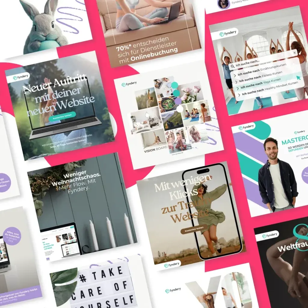 Eine Collage aus verschiedenen Werbeplakaten und Social-Media-Grafiken, einschließlich Fyndery-Branding-Elementen in deutscher Sprache, die in verschiedenen Winkeln auf einer ebenen Fläche angeordnet sind. Perfekt für eine Fallstudie über wirkungsvolles visuelles Marketing.