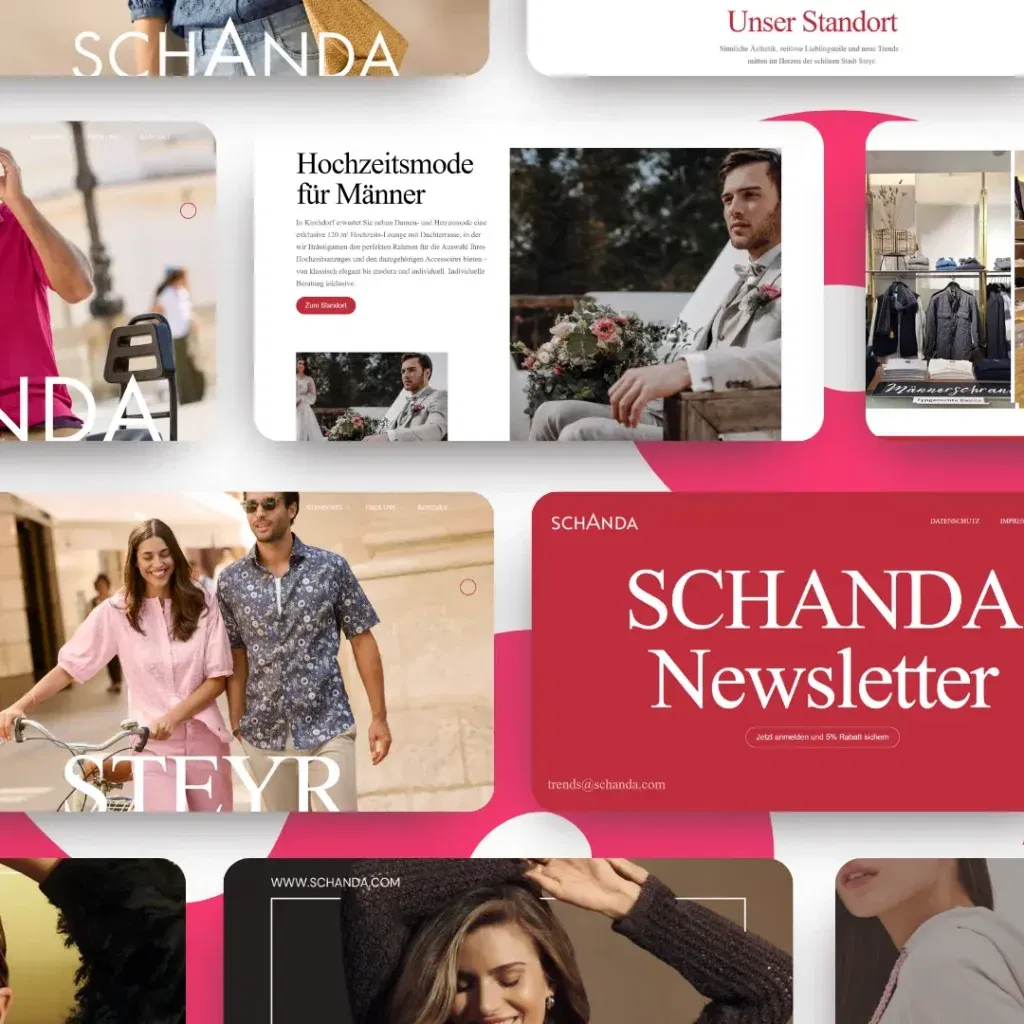 Eine Fallstudien-Collage von Website-Bildschirmen zeigt Hochzeitsmode für Männer, ein Paar beim Radfahren, eine Newsletter-Anmeldung und Bekleidungsanzeigen - alle mit dem Namen 