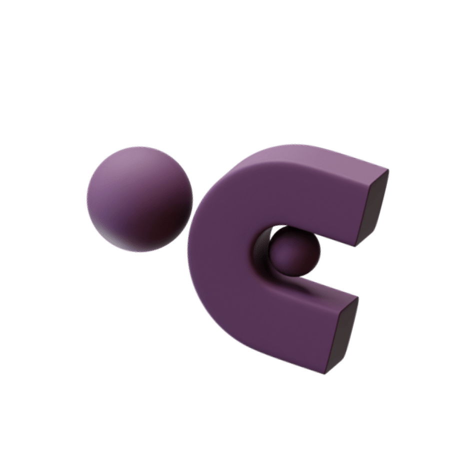 Eine 3D-Grafik eines stilisierten Personensymbols in Lila, bestehend aus einem kugelförmigen Kopf und einem separaten C-förmigen Körper.