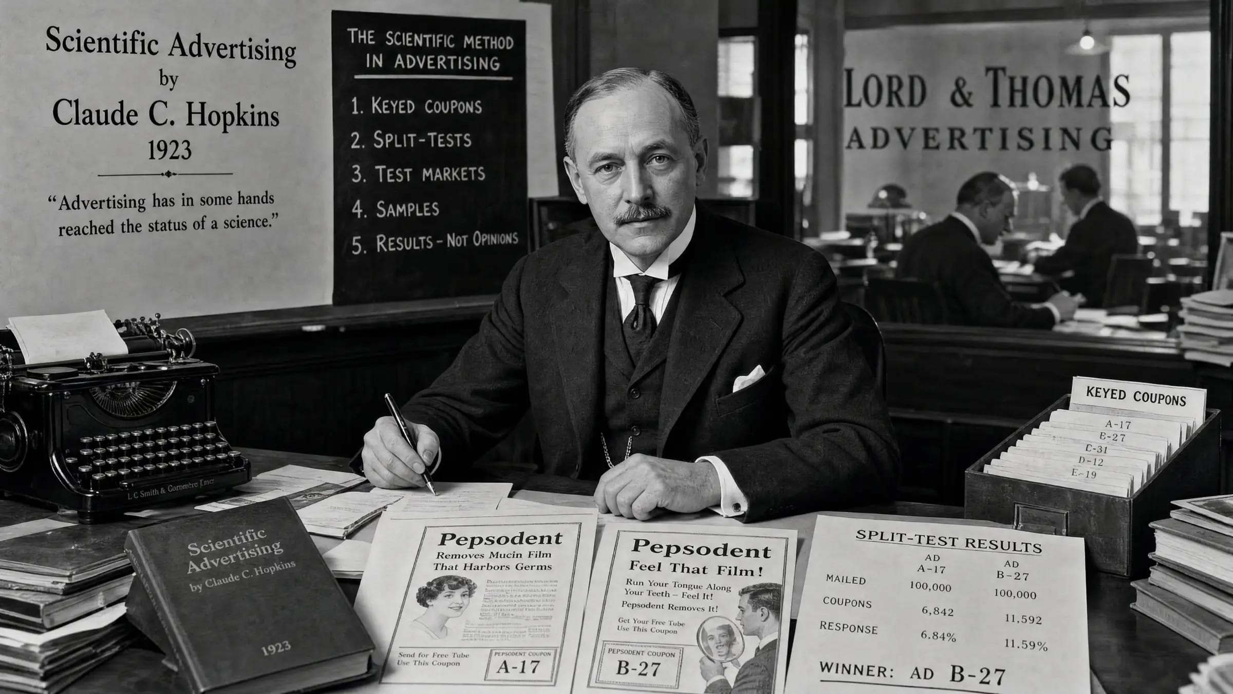 Ein Mann im Anzug sitzt an einem Schreibtisch, auf dem Werbebücher, Broschüren und Unterlagen liegen. Hinter ihm stehen Schreibmaschinen, eine Tafel mit Notizen zu „Scientific Advertising“ und ein Schild mit der Aufschrift „Lord & Thomas Advertising“.